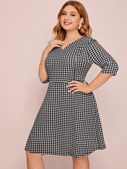 Houndstooth V Neck Midi Dress Women's Stretch Dress