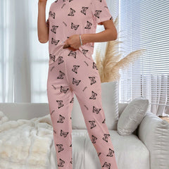Butterfly Print Pajama Set Short Sleeve Crew Neck Top & Elastic Waistband Pants