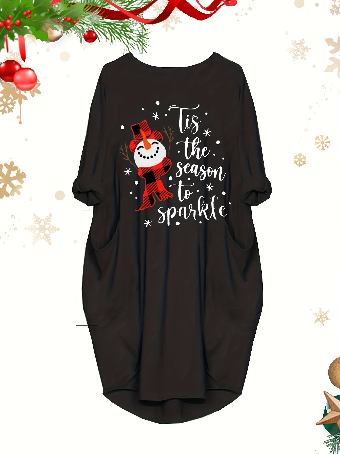 Women's Christmas Dress Snowman & Slogan Print Long Sleeve Loose Fit