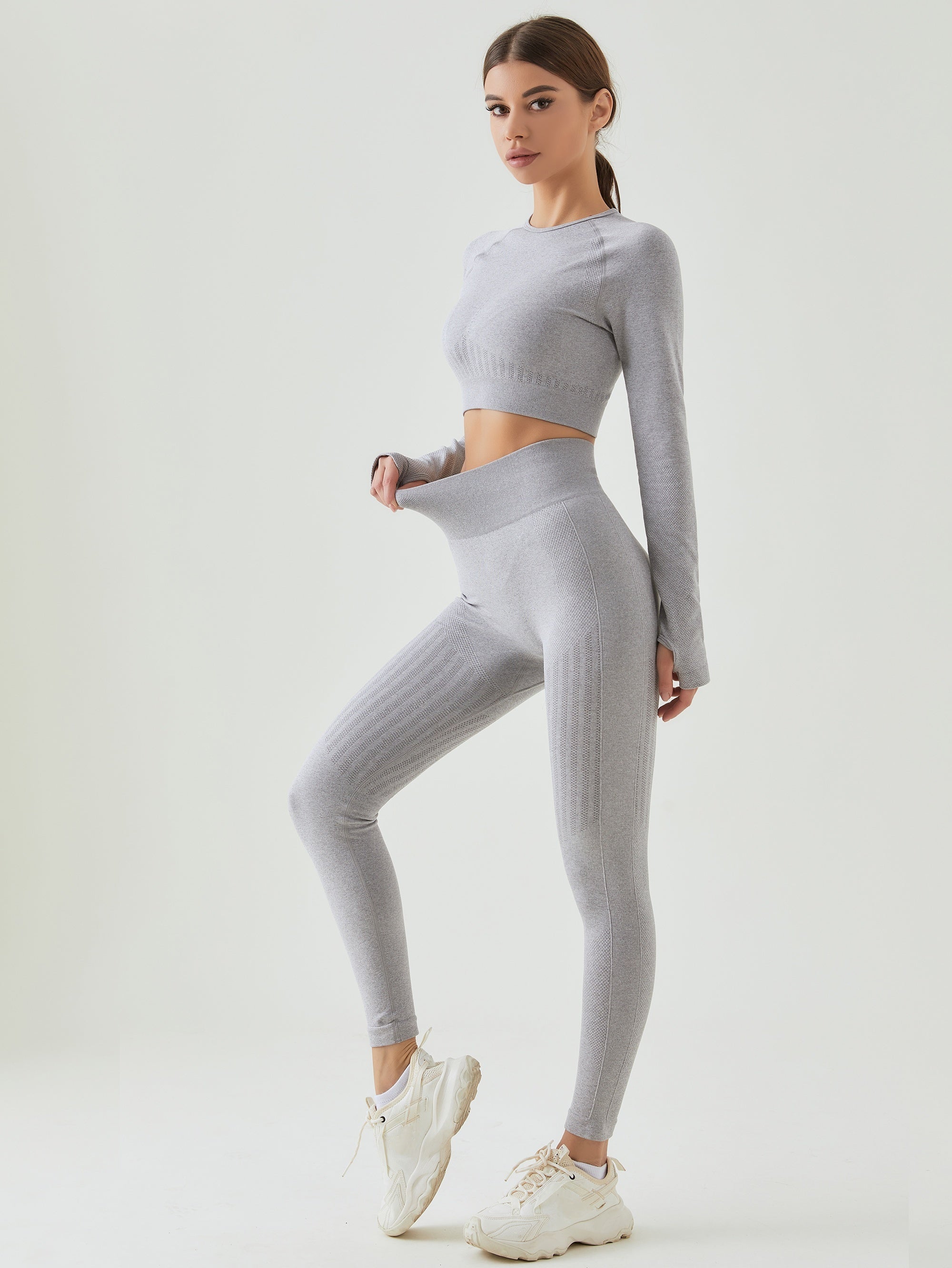 2pcs Yoga Set: Long Sleeve Top & High Waist Leggings, Women's Activewear