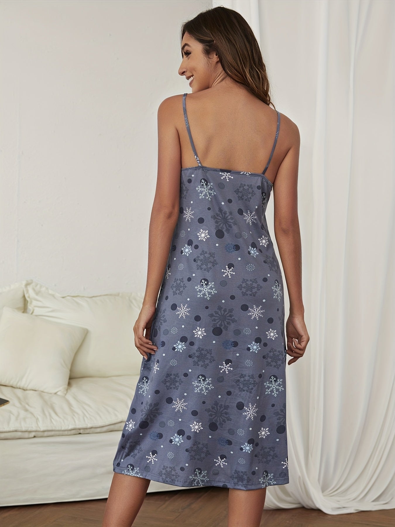Snowflake Print Nightdress Spaghetti Strap Sleep Dress Women's Sleepwear