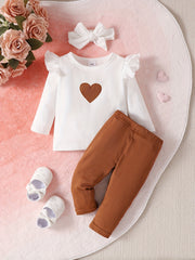 Baby Girls Heart Embroidered Top Trousers Hairband 3pcs Set