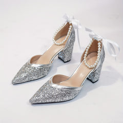 Pearl Ankle Strap Pumps Chunky Heels Glitter Summer Shoes