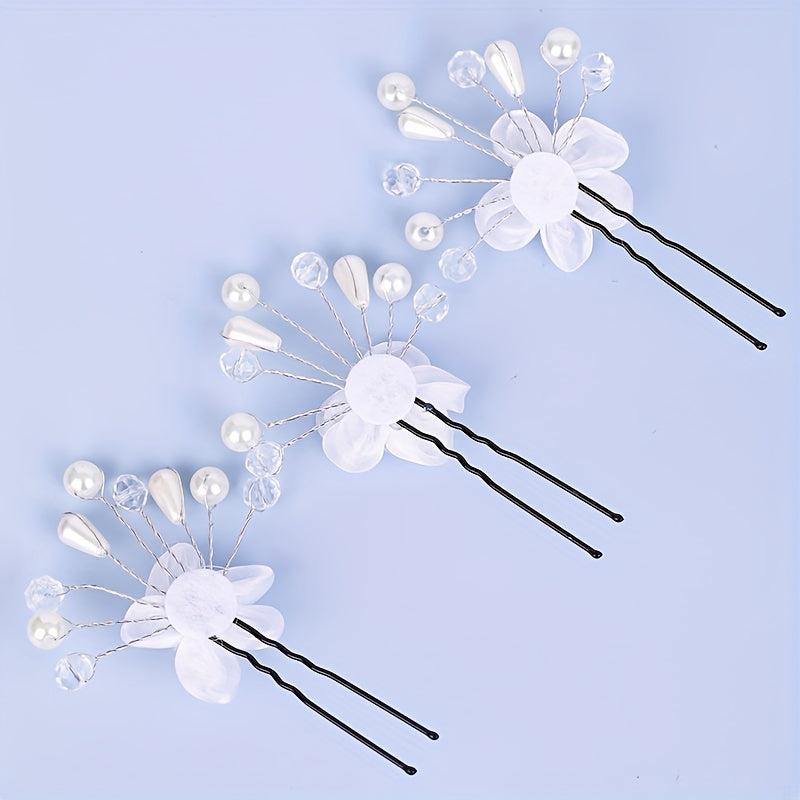 5pcs Flower Crystal Faux Pearl Hairpin Bridal U shaped Hairpin