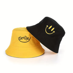 Smiling Face Embroidery Bucket Hat Reversible UV Protection Sun Hat