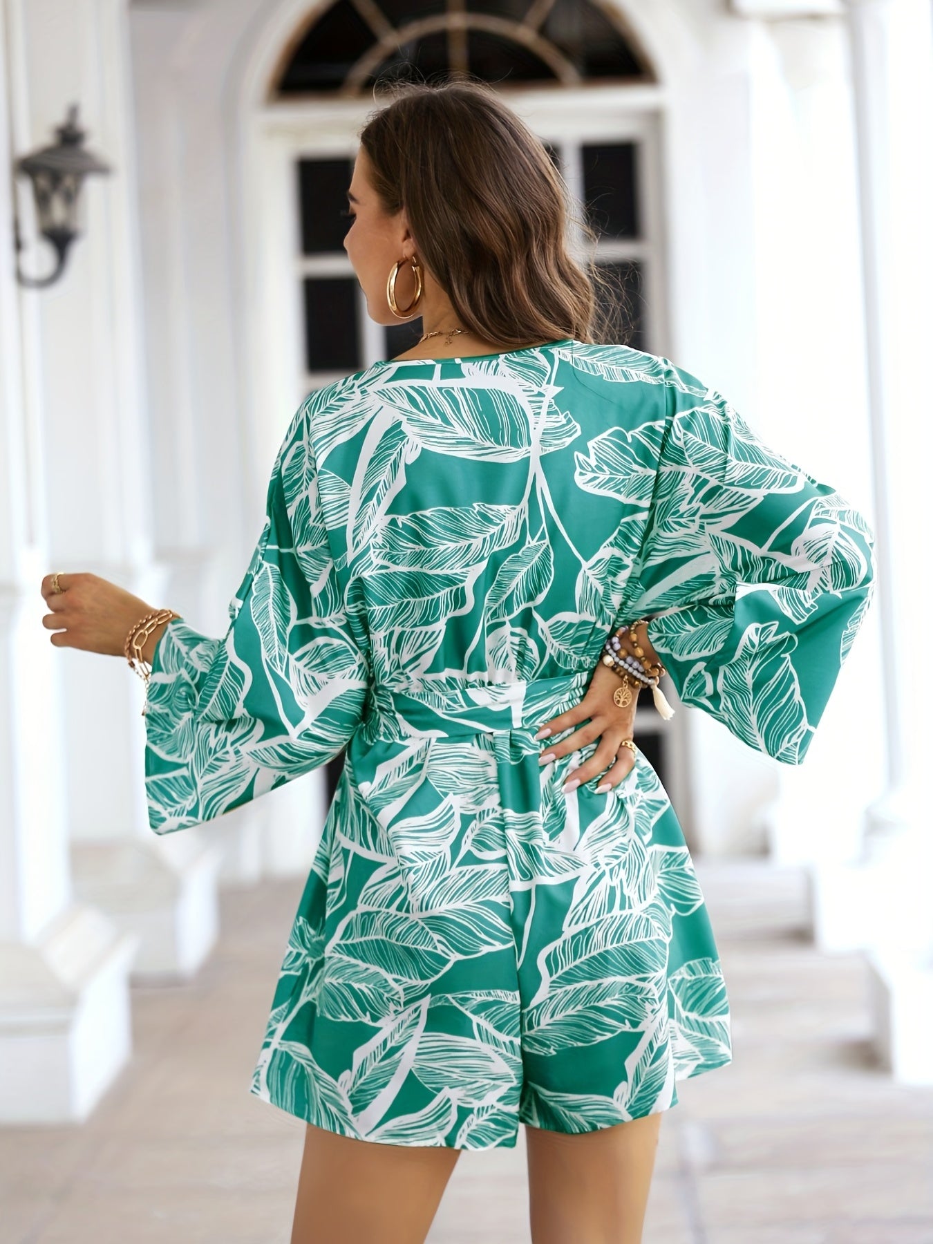 Leaves Print Surplice Neck Romper