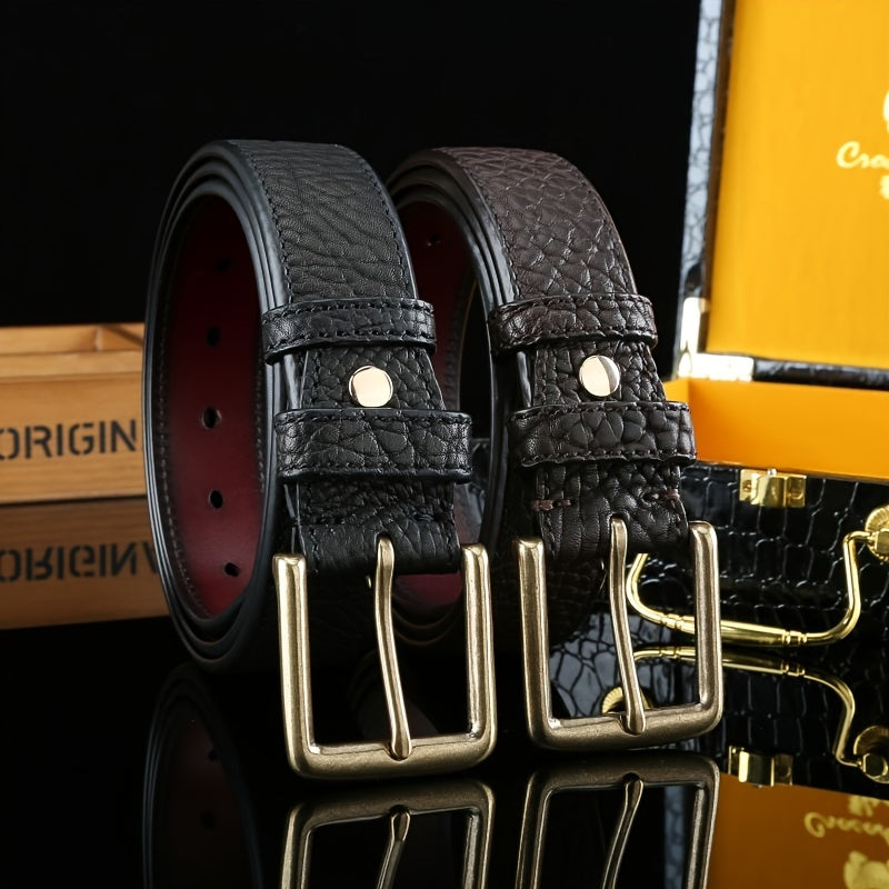Men's Classic Copper Buckle Belt, Cowhide with Unique Texture, 1.5in Width