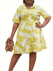 Women's Plus Floral Print Button Up Long Sleeve Shirt Dress