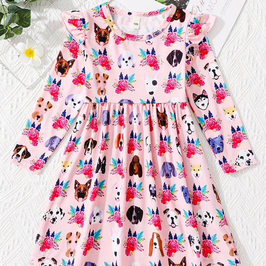 Farm Floral Animals Long Sleeve Skater Dress For Girls
