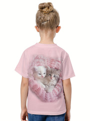 3D Adorable Cat Print Kids Short Sleeve T shirt Summer Clothes