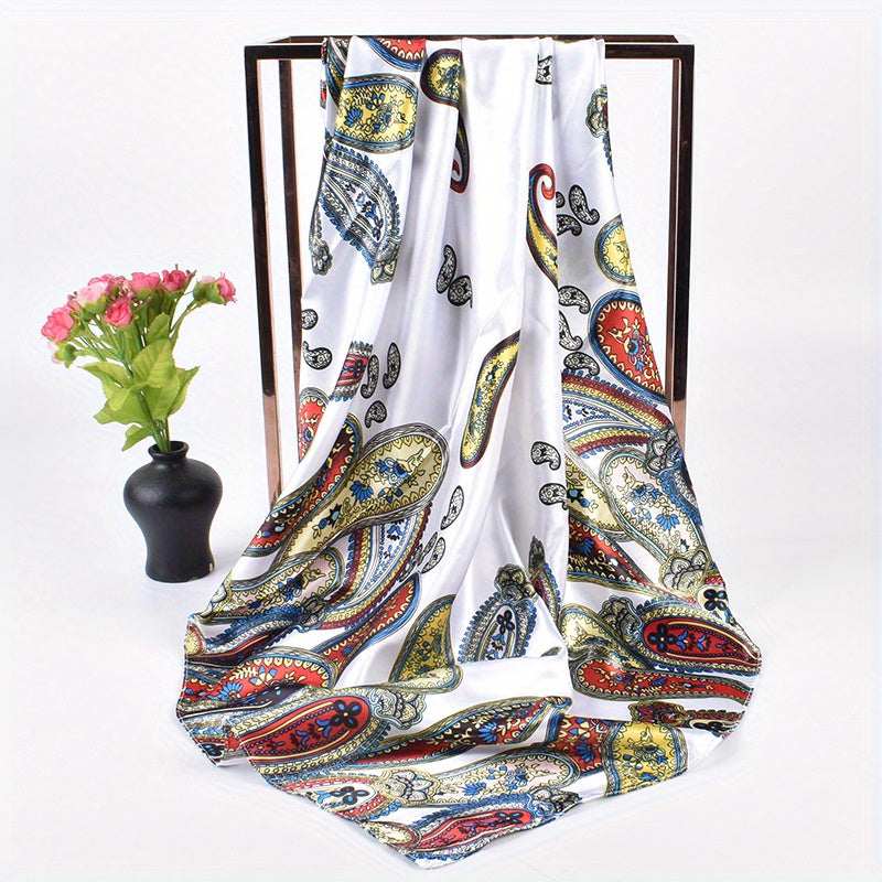 Vintage Paisley Print Satin Square Scarf for Women