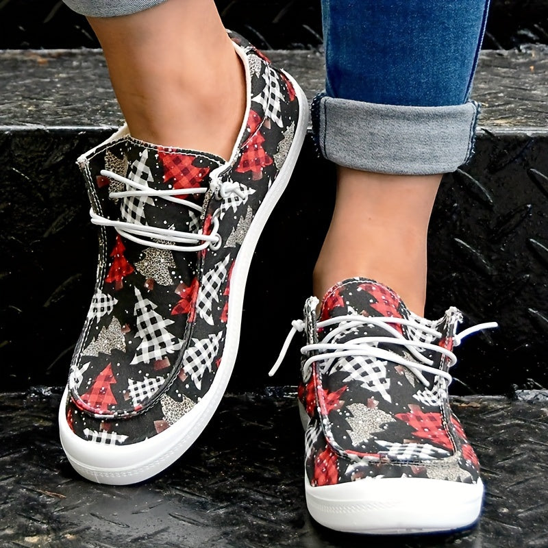 Christmas Tree Pattern Sneakers - Women's Flat Casual Lace Up Shoes