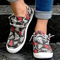 Christmas Tree Pattern Sneakers - Women's Flat Casual Lace Up Shoes