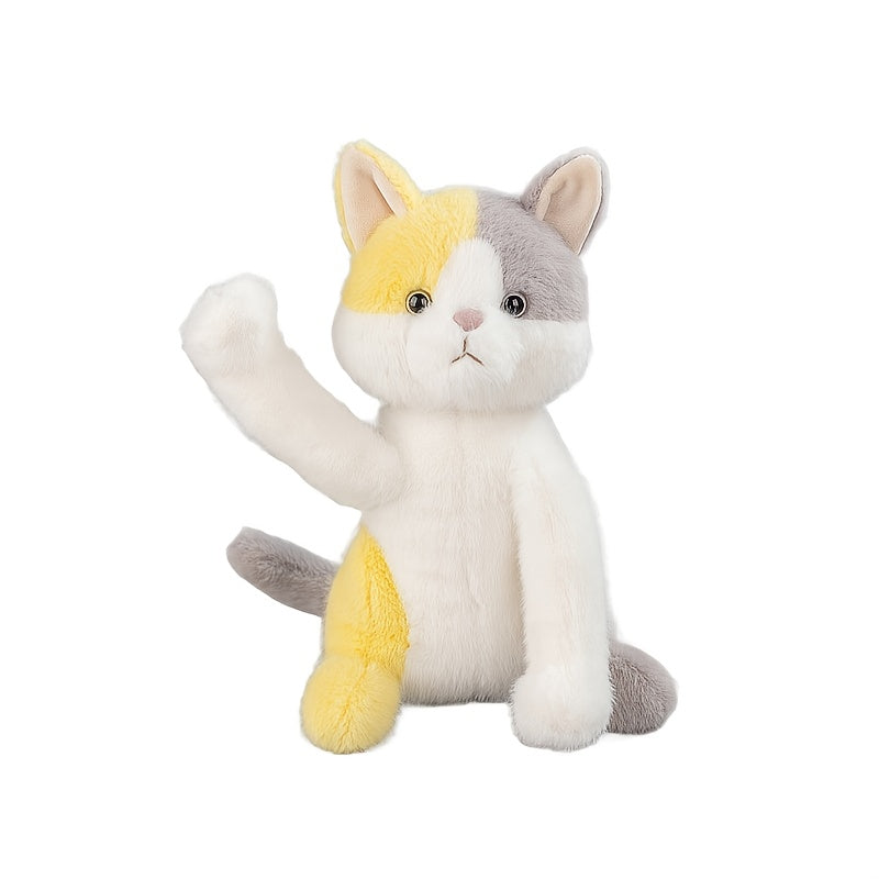 Fluffy Grey and Yellow Plush Cat Toy with Expressive Eyes