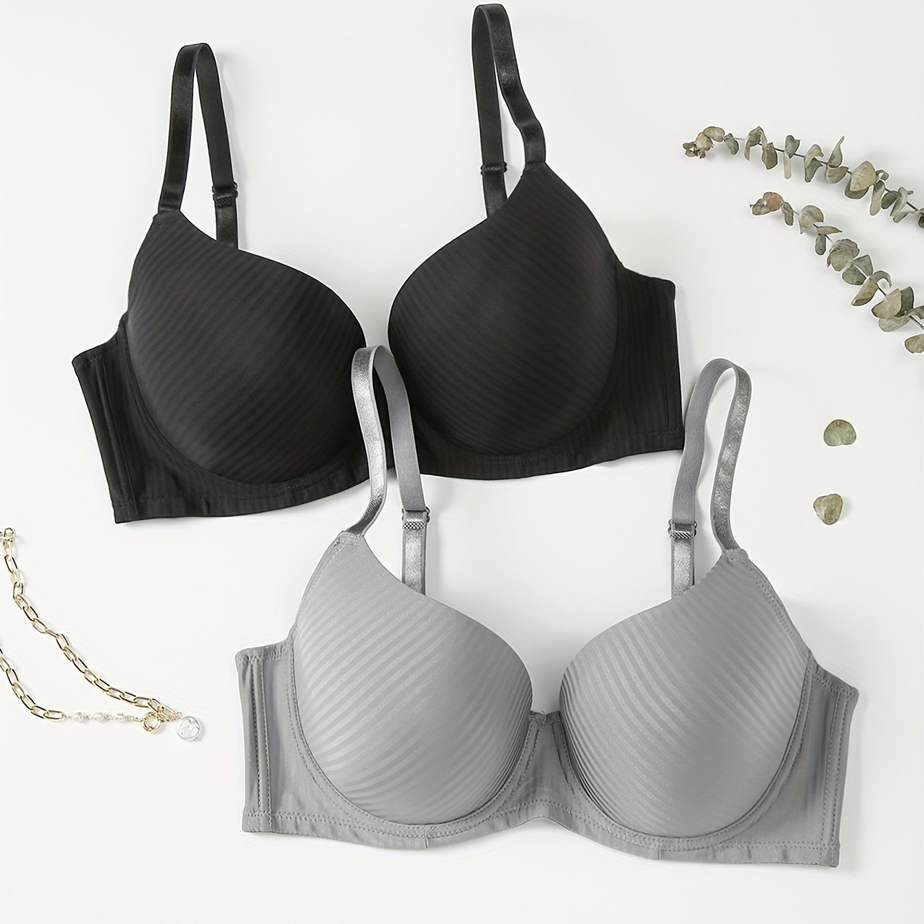 2 Pack Plus Size Striped Push Up Padded Bra Set