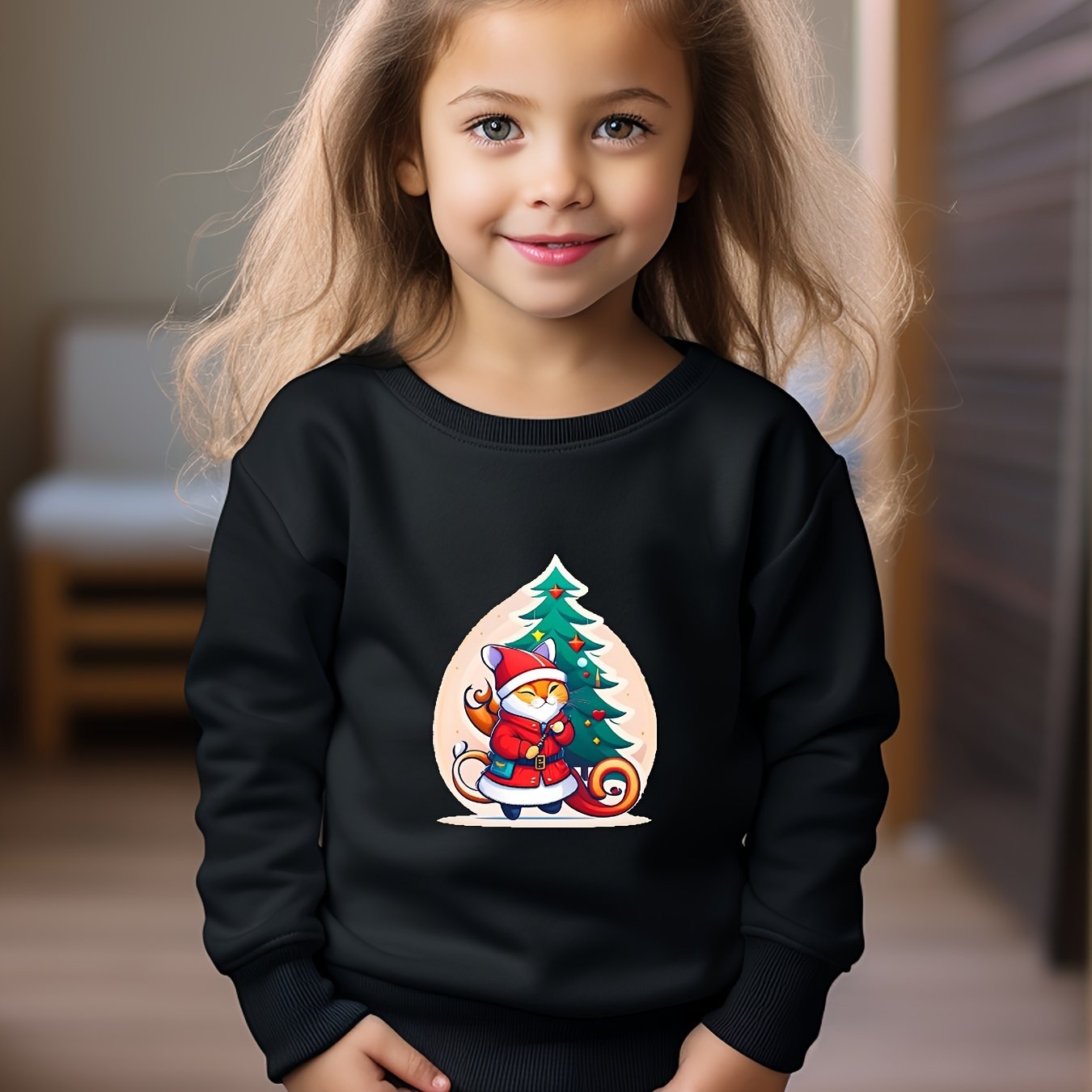 Christmas Cat Santa And Tree Print Girls Casual Pullover Sweatshirt