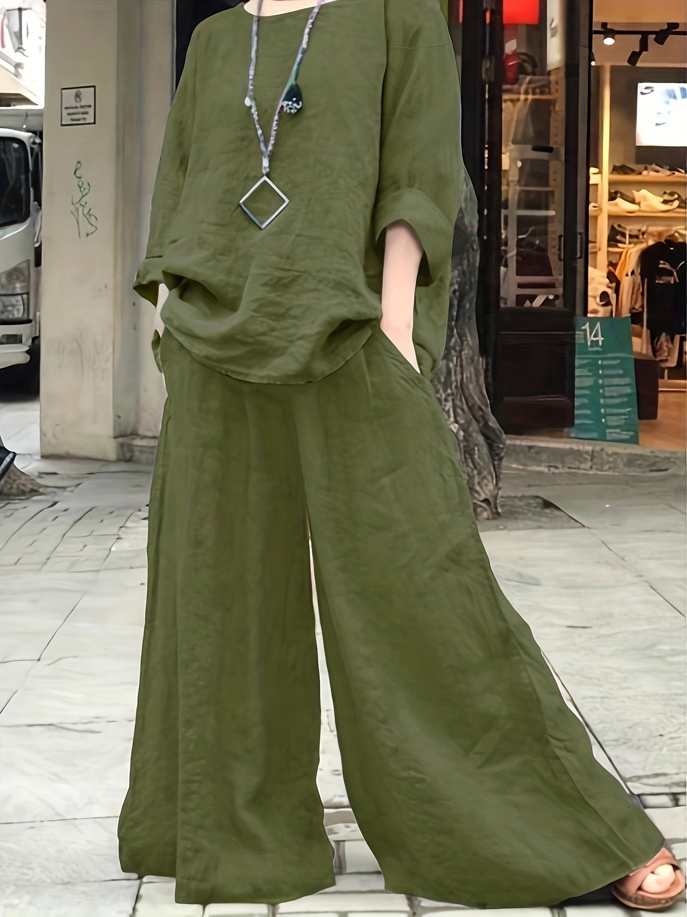 Casual Outfits Set Women's Plus Solid Top & Wide Leg Pants