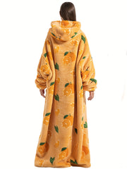 Fruit Print Fuzzy Lounge Robes Hooded Long Sleeve With Pockets