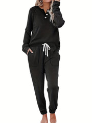 Solid Button Decor Raglan Sleeve Top & Jogger Pants Set