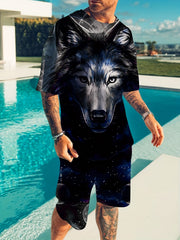 3D Wolf Print Men's 2Pcs Outfits Crew Neck Short Sleeve T-shirt And Shorts Set