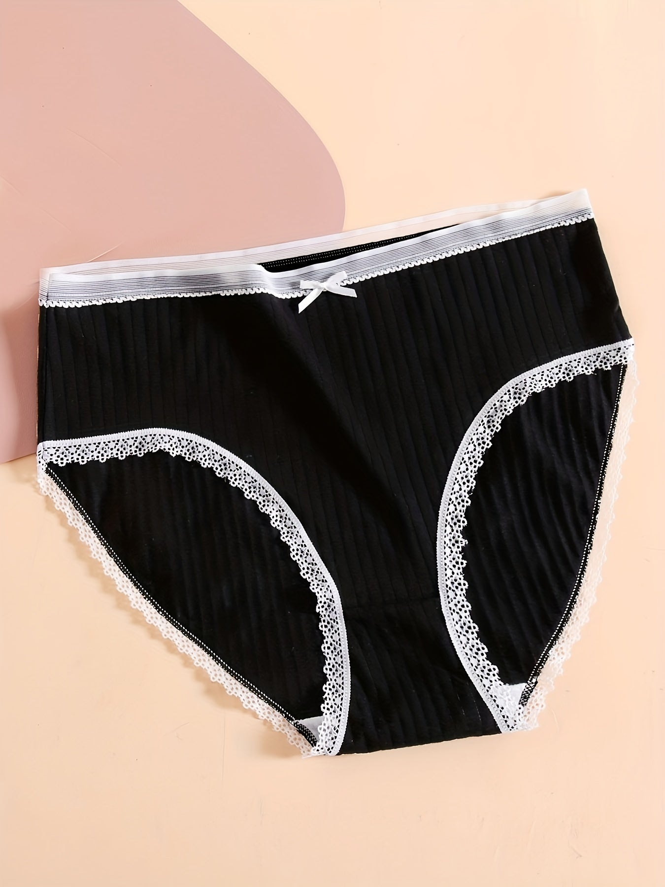 5 Pack Plus Size Panties Set Ribbed Lace Trim Bow Stretch Underwear