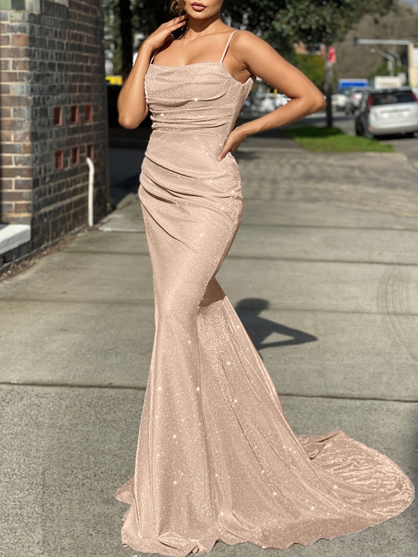 Glitter Sequin Maxi Dress Slim Ruffled Cocktail Evening Gown