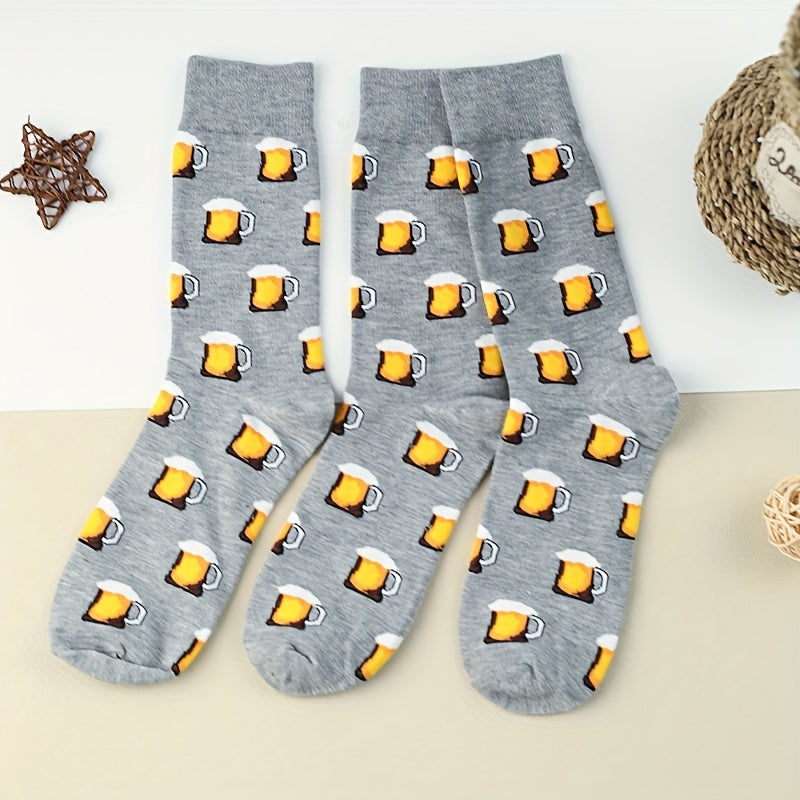 3 Pairs Beer Print Socks Cartoon Comfy Mid Tube Women's Stockings
