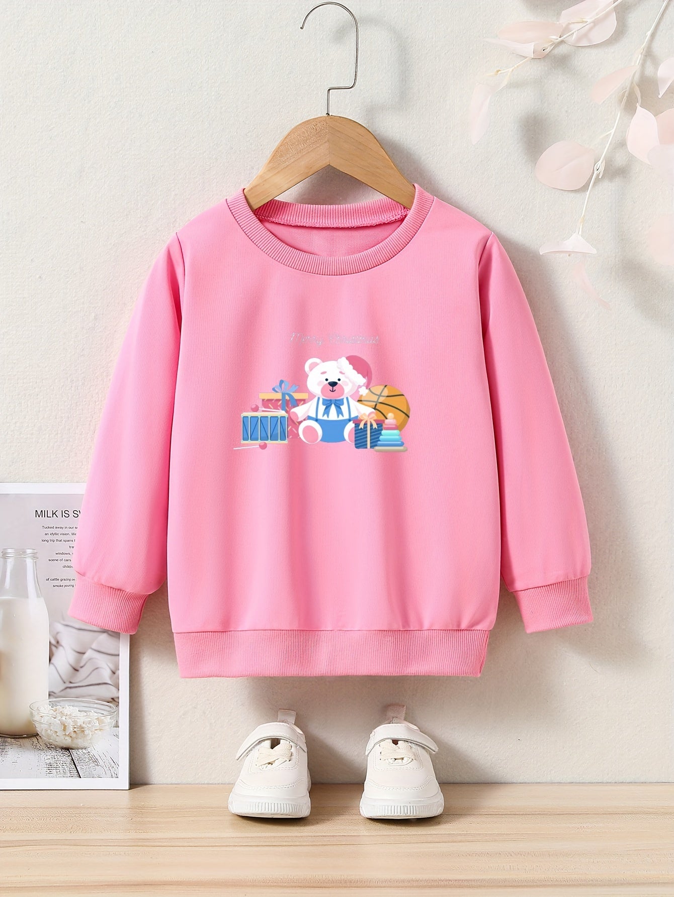 Merry Christmas Print Bear Graphic Crew Neck Long Sleeve Sweatshirt Kids