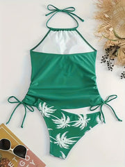 Coconut Tree Tankini Set Green Halter Neck Drawstring Swimsuit Women's Swimwear