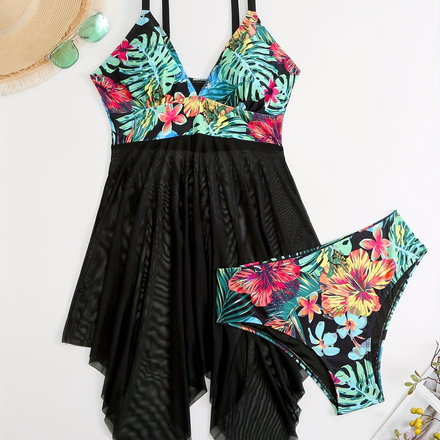 Floral Print Mesh Bikini Set Women's Plus High Stretch Swimsuit
