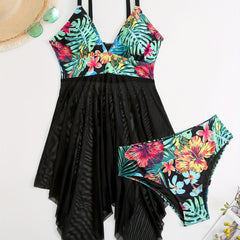 Floral Print Mesh Bikini Set Women's Plus High Stretch Swimsuit