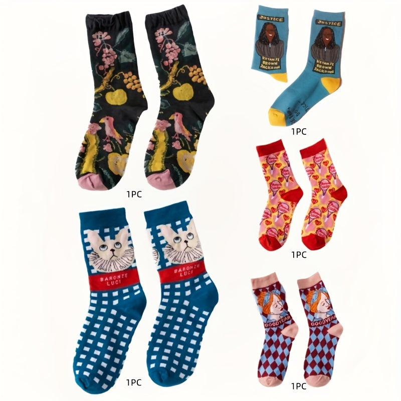 5 Pairs Men's Novelty Socks Vintage Cartoon Patterns Christmas Gift