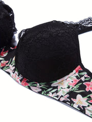 Sexy Bra Women's Plus Floral Print Lace Underwire Molded Cup Bra