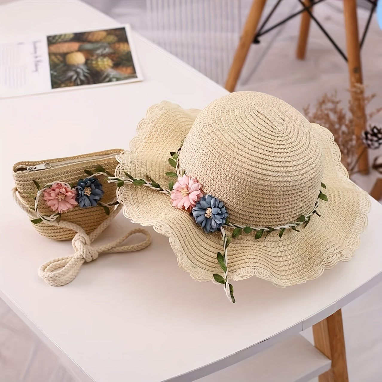 Kids' Straw Sun Hat & Bag Set Floral Lace Trim Beach Hat Summer Outdoor Hat