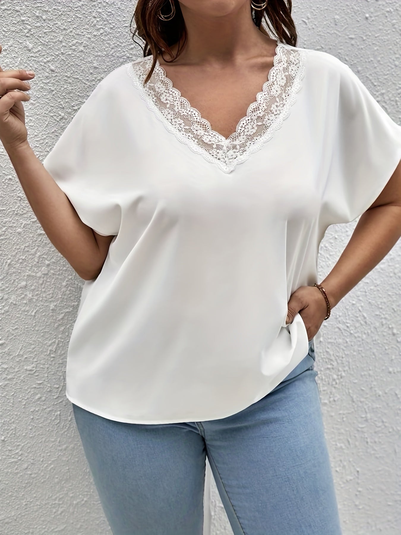 Solid Lace Bat Sleeve V Neck Tee Blouse