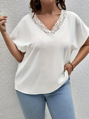 Solid Lace Bat Sleeve V Neck Tee Blouse