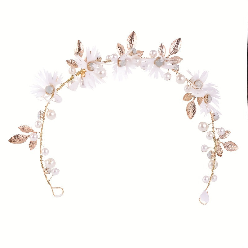 Faux Pearl Flower Leaf Headband Tiara for Women Bride Wedding Hair Accessories