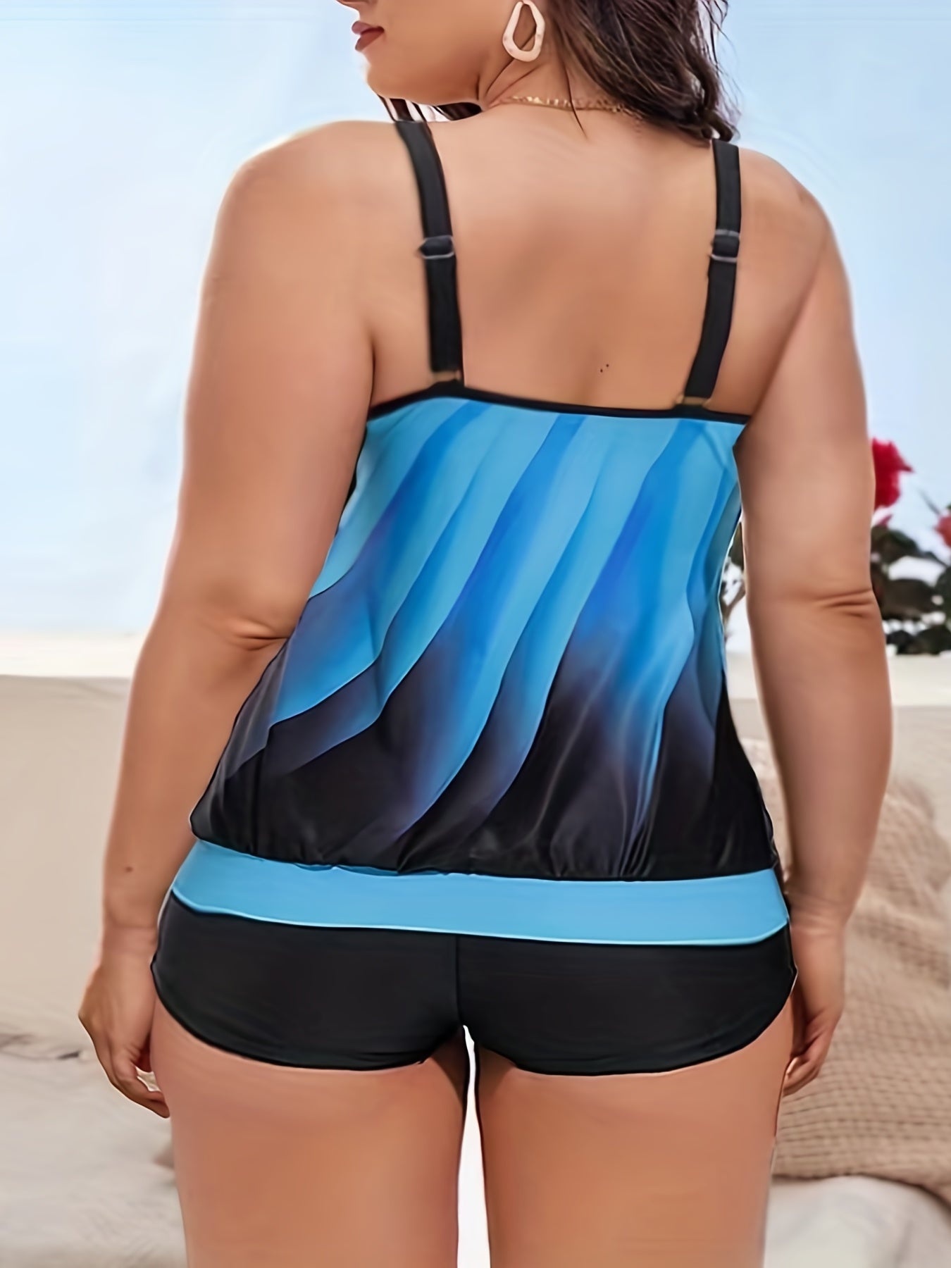 Ombre Print Tankini Set Split Straps Tank Top & Shorts Two Piece