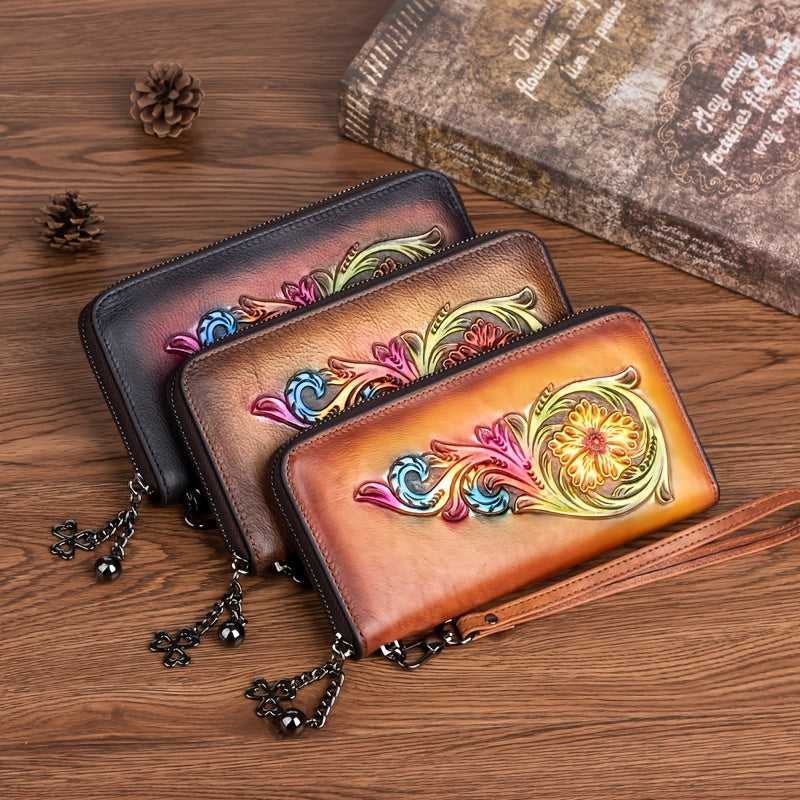 Vintage Floral Leather Wristlet Wallet for Women