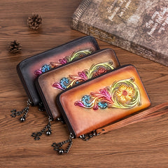 Vintage Floral Leather Wristlet Wallet for Women