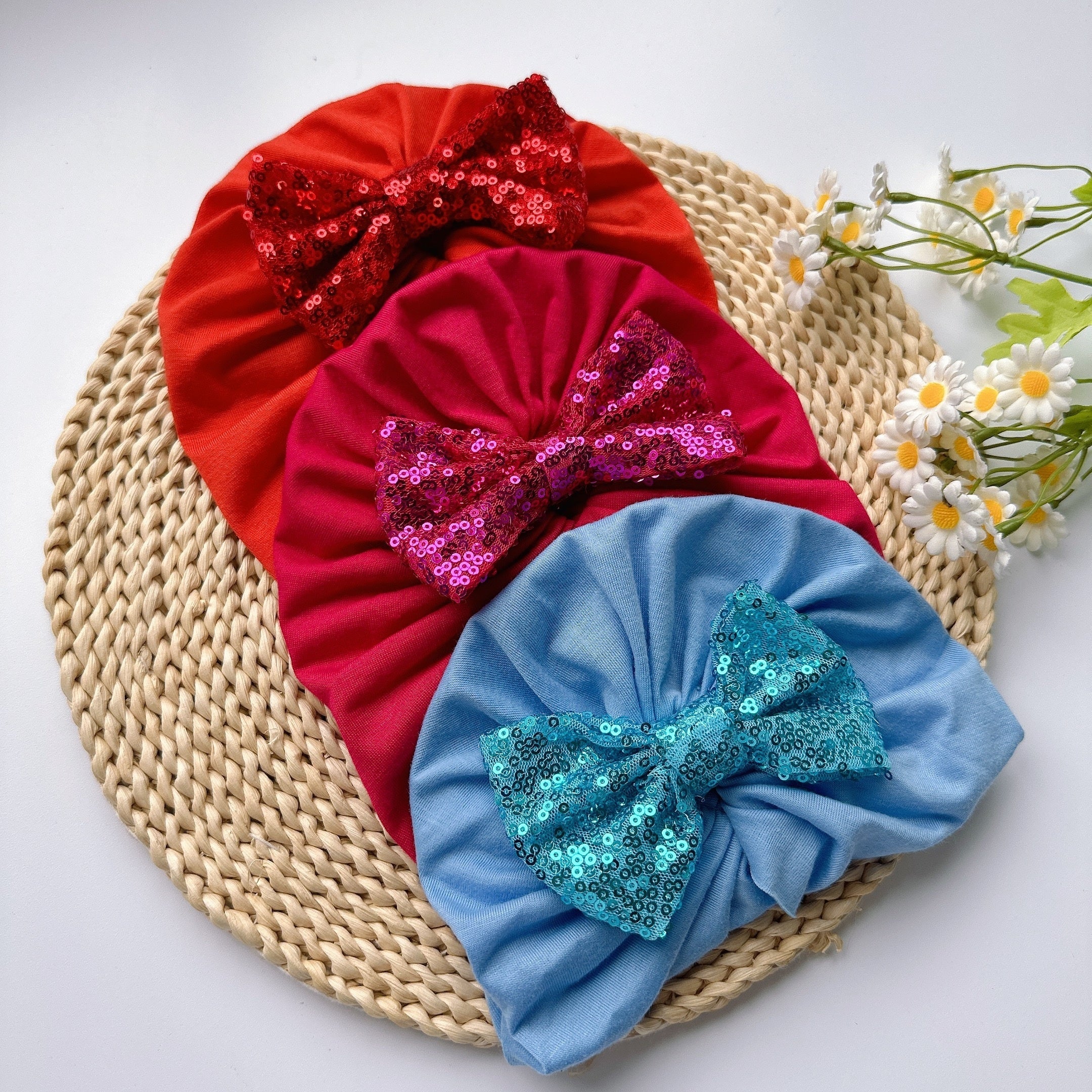 Sequin Bowknot Turban Baby Girls Soft Elastic Headband