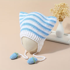 Y2K Stripe Crochet Beanie Cap Hip Hop Monster Cat Ears Knit Hat
