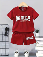 2pcs Boys Casual Short Sleeve Suit Comfy LOS ANGELES Letter Print T shirt&shorts
