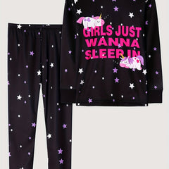 Girls Lounge Wear Long Sleeve Top & Pants 2 Piece Set Star Unicorn Print Pajamas