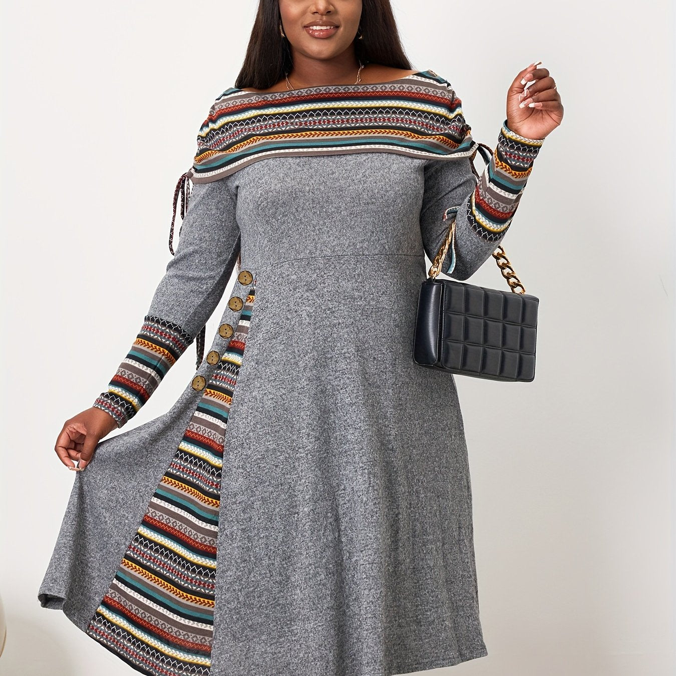 Boho Plus Geometric Print Drawstring Ruched Dress