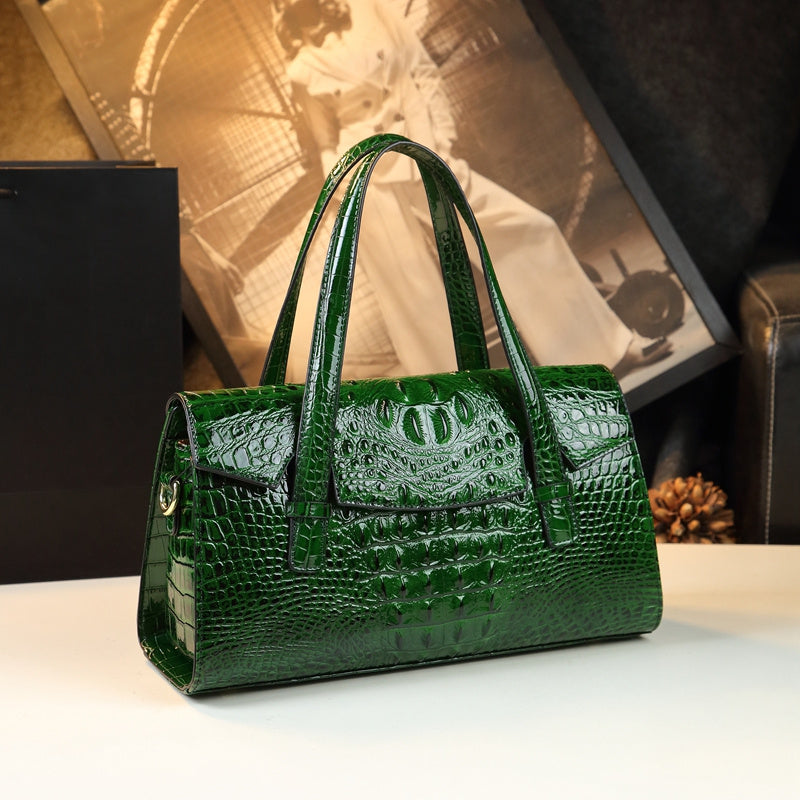Women's Crocodile Embossed Boston Bag with Shoulder Strap