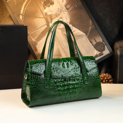 Women's Crocodile Embossed Boston Bag with Shoulder Strap