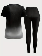 2 Pc Set Women's Plus Letter & Ombre Tee & Leggings Outfit