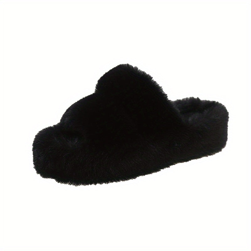 Women's Solid Faux Fur Slippers Plush Platform Shoes