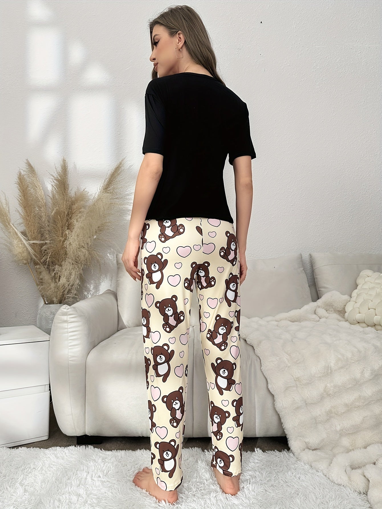 Bear Print Pajama Set Short Sleeve Top & Pants